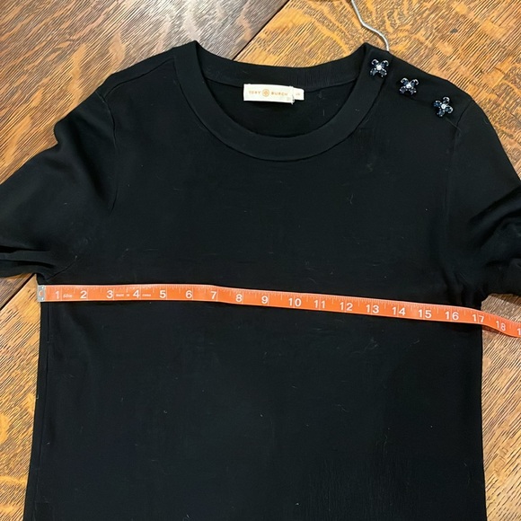 Tory Burch Black Sweater w/Blue Crystal Flowers on Shoulder; Size Large - Picture 10 of 12